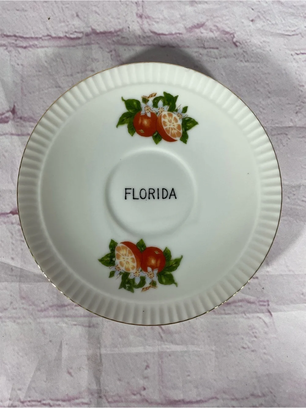 Vintage Florida Oranges Souvenir Footed Teacup and Saucer Set Gold Trim